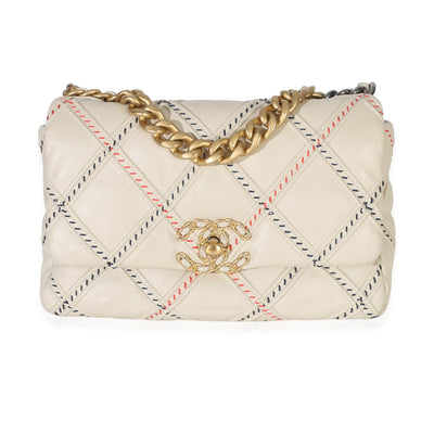 Chanel Beige Multicolor Quilted Lambskin Mixed Fibers Medium  19 Flap Bag Handbag fv