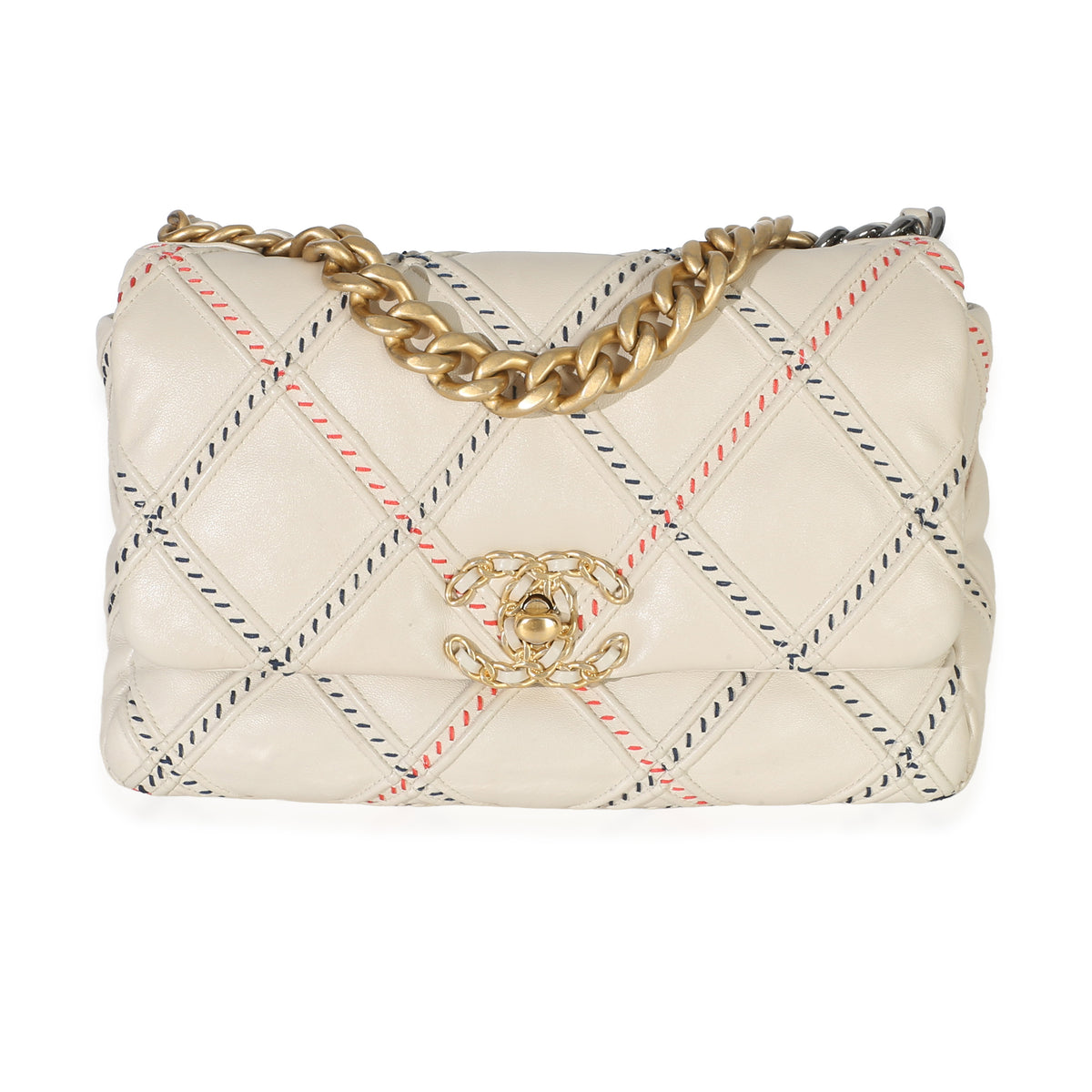 Chanel Beige Multicolor Quilted Lambskin Mixed Fibers Medium  19 Flap Bag Handbag fv