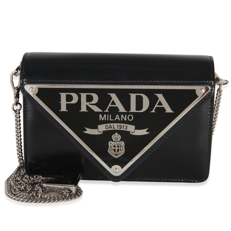 Prada Black Spazzolato Triangle Logo Plate Flap Chain Crossbody Bag Handbag id