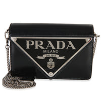 Prada Black Spazzolato Triangle Logo Plate Flap Chain Crossbody Bag Handbag fv