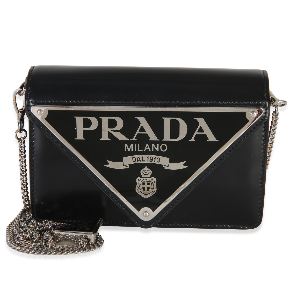 Prada Black Spazzolato Triangle Logo Plate Flap Chain Crossbody Bag Handbag id