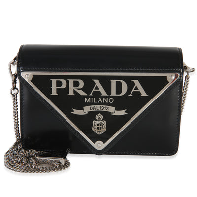 Prada Black Spazzolato Triangle Logo Plate Flap Chain Crossbody Bag Handbag id