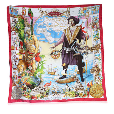 Hermès Red Multicolor Les Ameriques Silk Scarf 90 fv