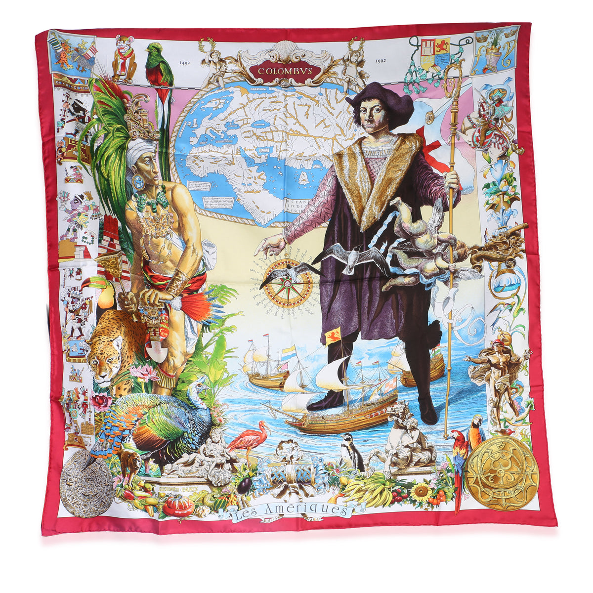 Hermès Red Multicolor Les Ameriques Silk Scarf 90 fv