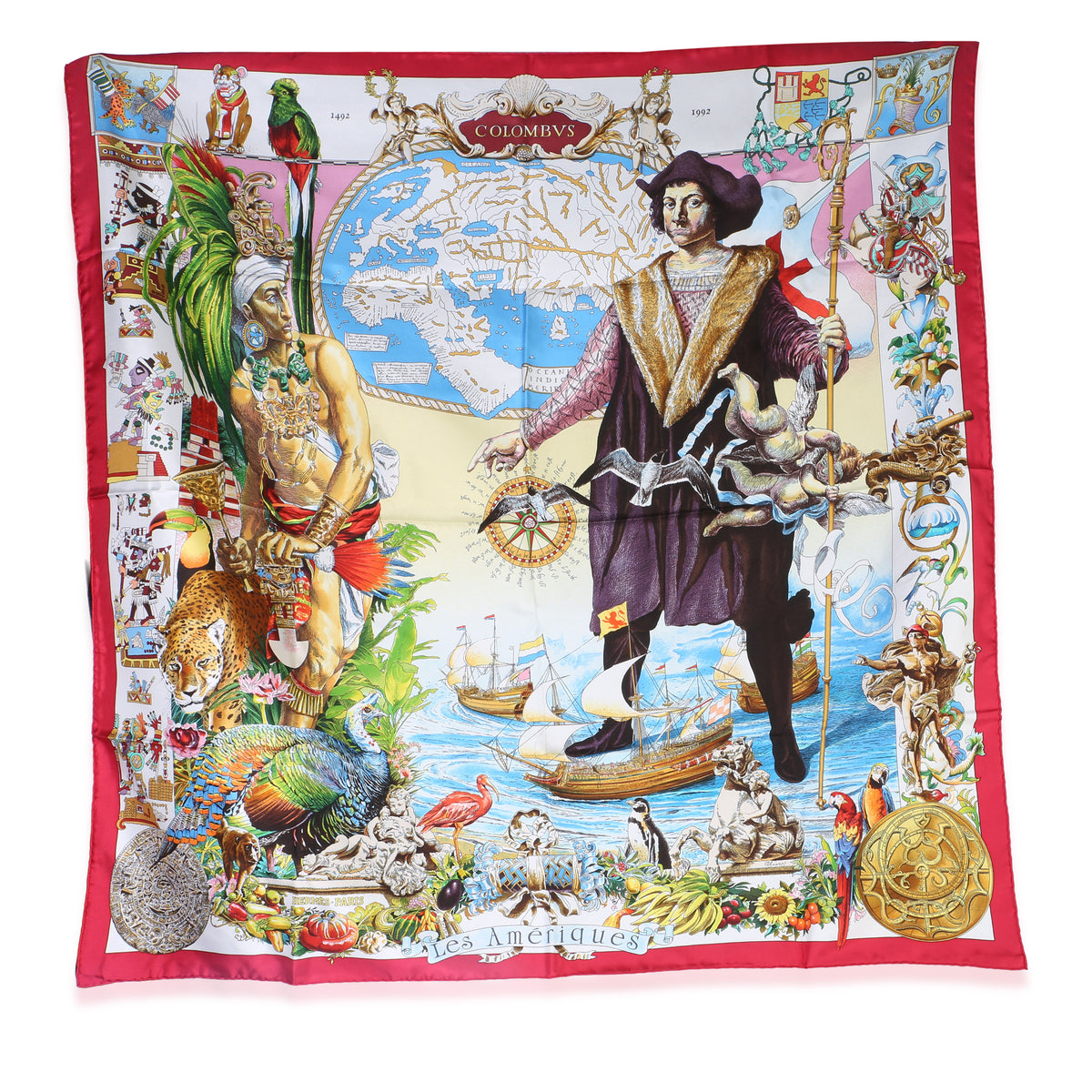 Hermès Red Multicolor Les Ameriques Silk Scarf 90 fv
