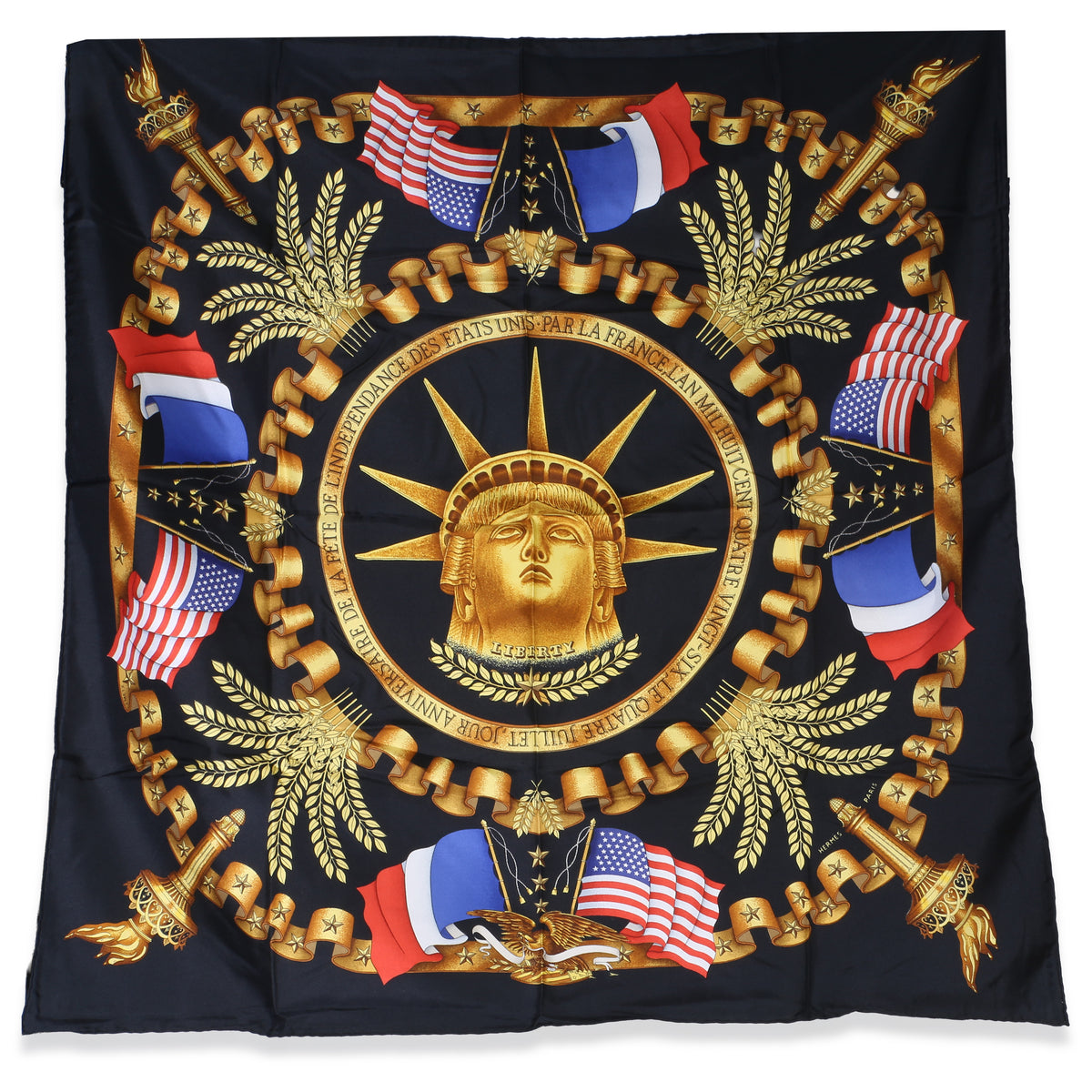 Hermès Black Multicolor Statue of Liberty Centennial Silk Scarf 90 fv