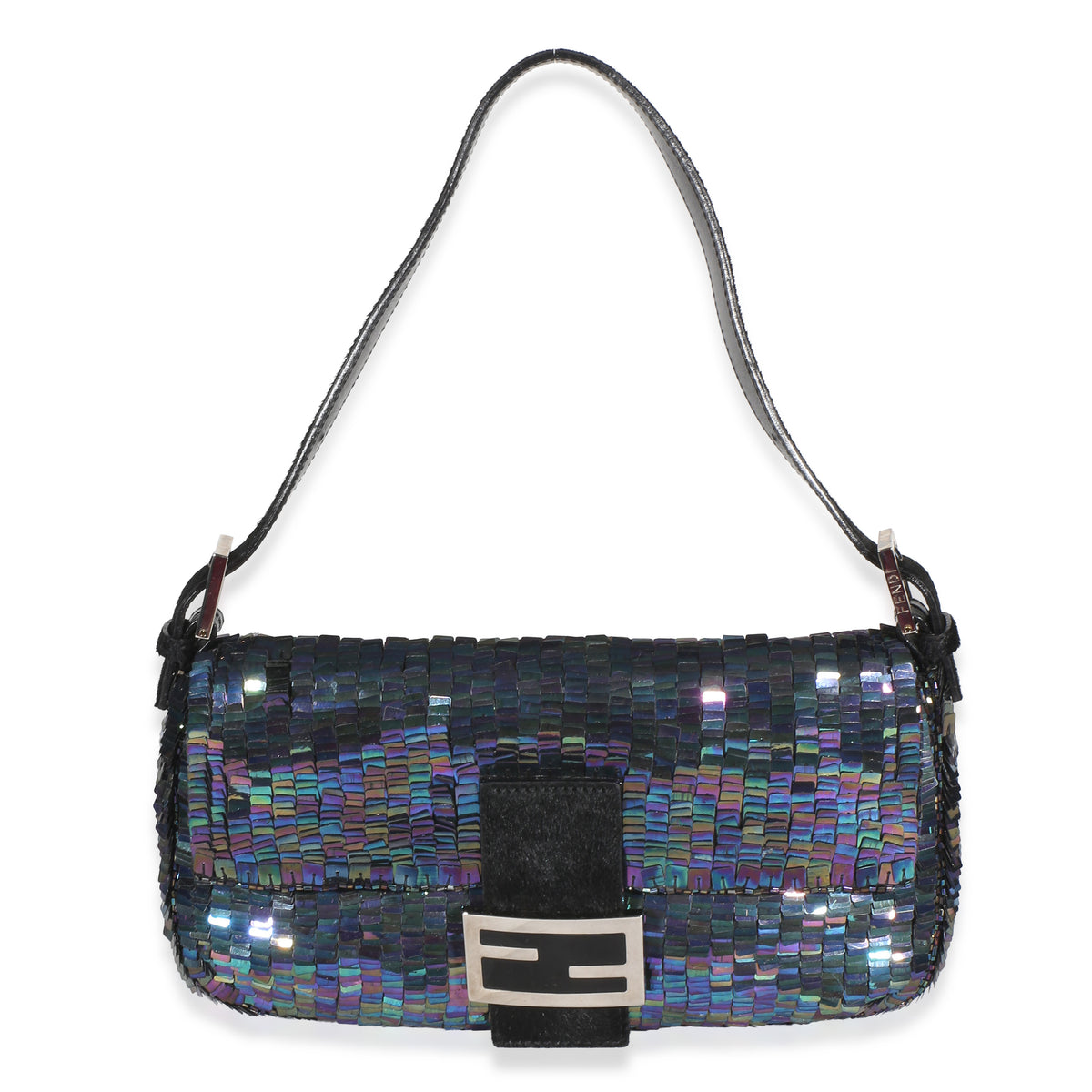 Fendi Vintage Blue Iridescent Sequin Ponyhair Baguette Handbag fv