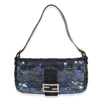 Fendi Vintage Blue Iridescent Sequin Ponyhair Baguette Handbag fv