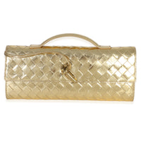 Bottega Veneta Gold Metallic Lambskin Intrecciato Long Andiamo Top Handle Clutch Handbag id