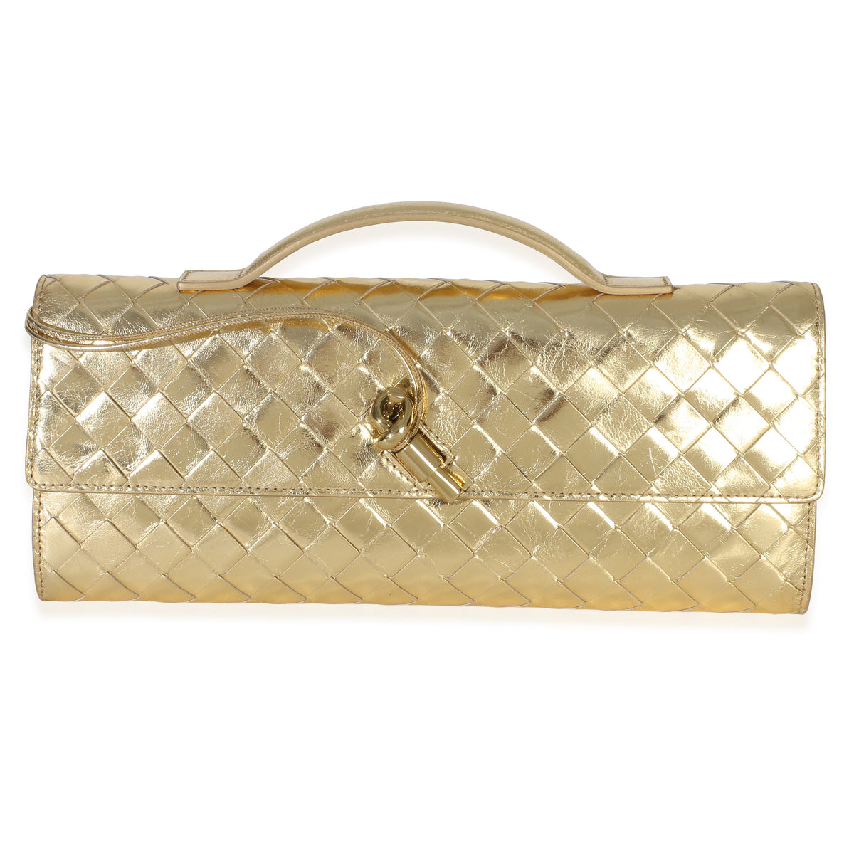 Bottega Veneta Gold Metallic Lambskin Intrecciato Long Andiamo Top Handle Clutch Handbag id