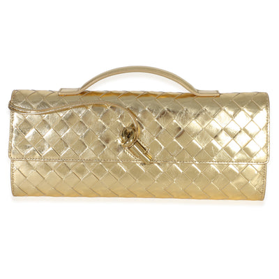 Bottega Veneta Gold Metallic Lambskin Intrecciato Long Andiamo Top Handle Clutch Handbag id