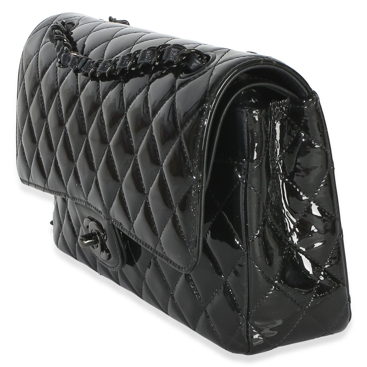 Chanel So Black Quilted Patent Medium Classic Double Flap Bag Handbag 2