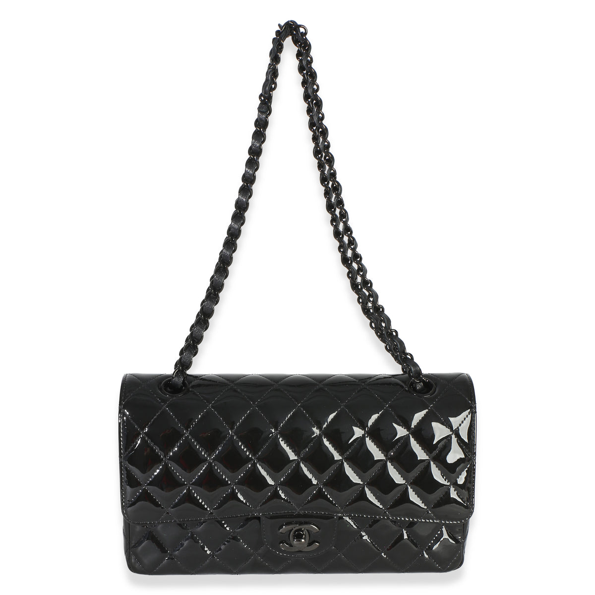 Chanel So Black Quilted Patent Medium Classic Double Flap Bag Handbag 7