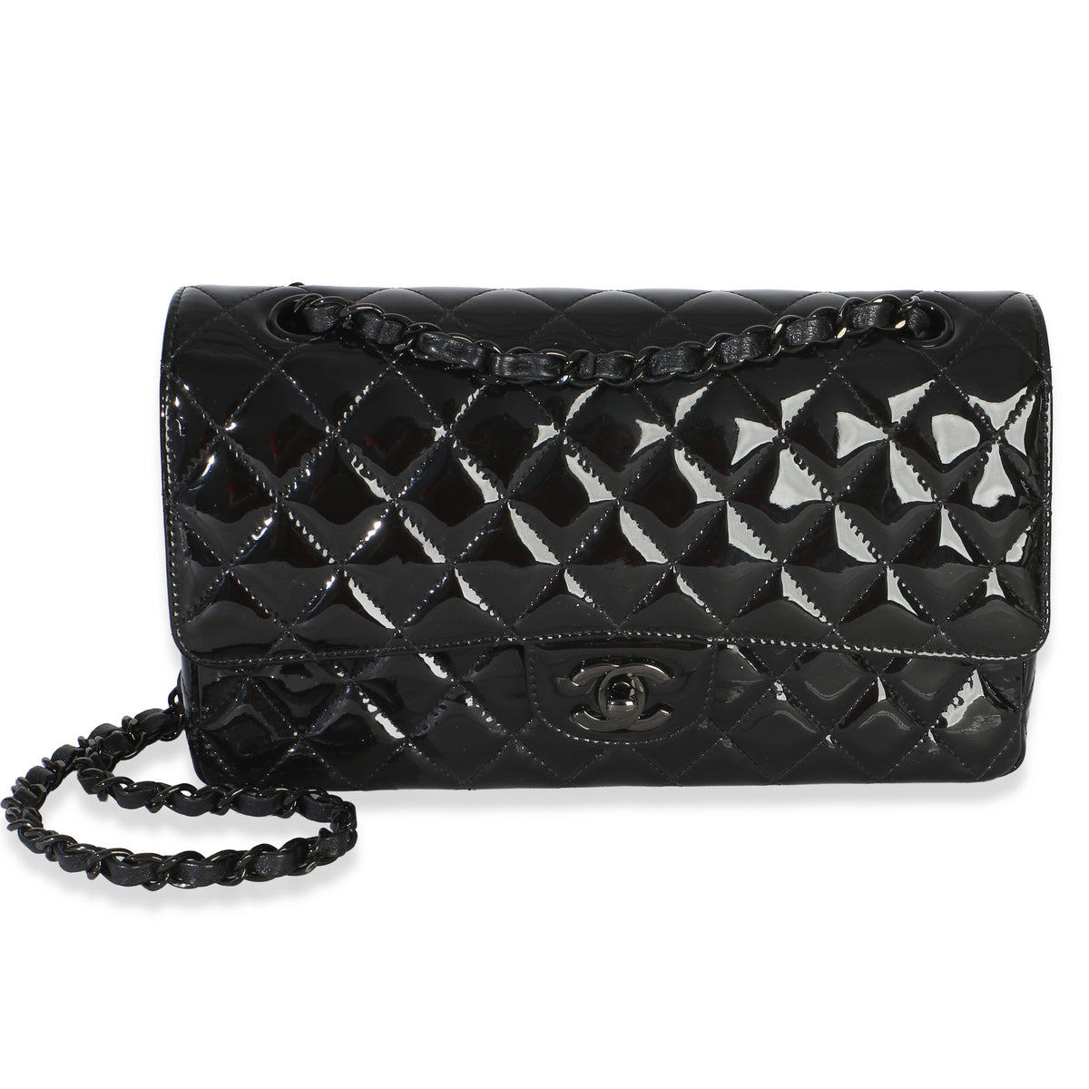 Chanel So Black Quilted Patent Medium Classic Double Flap Bag Handbag id