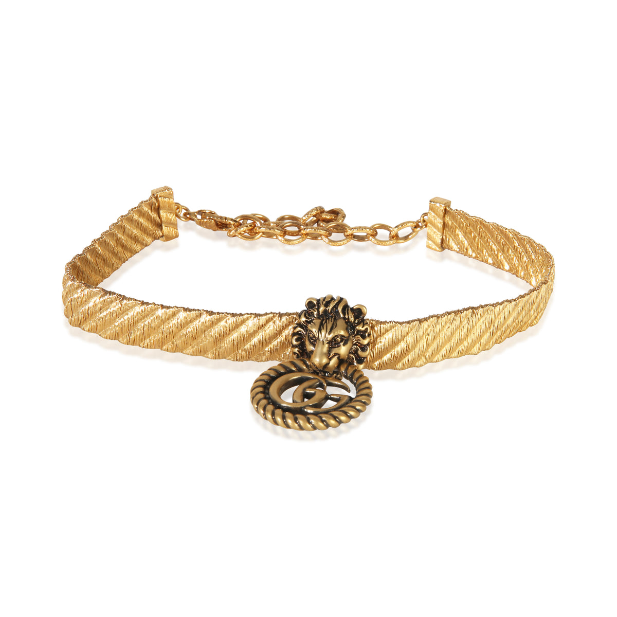 Gucci Gold Plated Lion Head Double G Choker Necklace fv