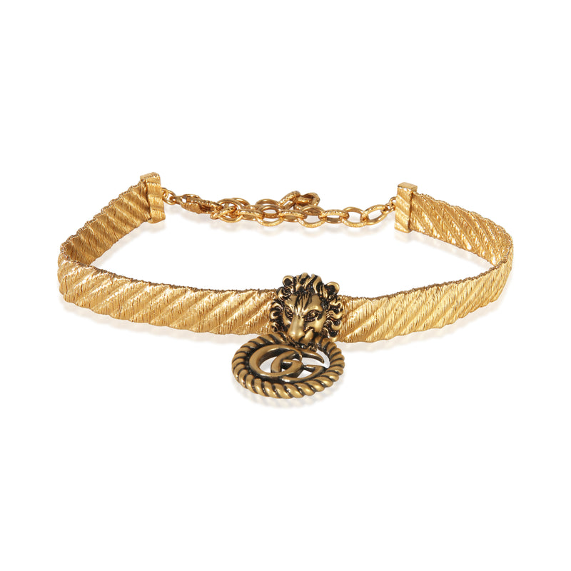 Gucci Gold Plated Lion Head Double G Choker Necklace fv
