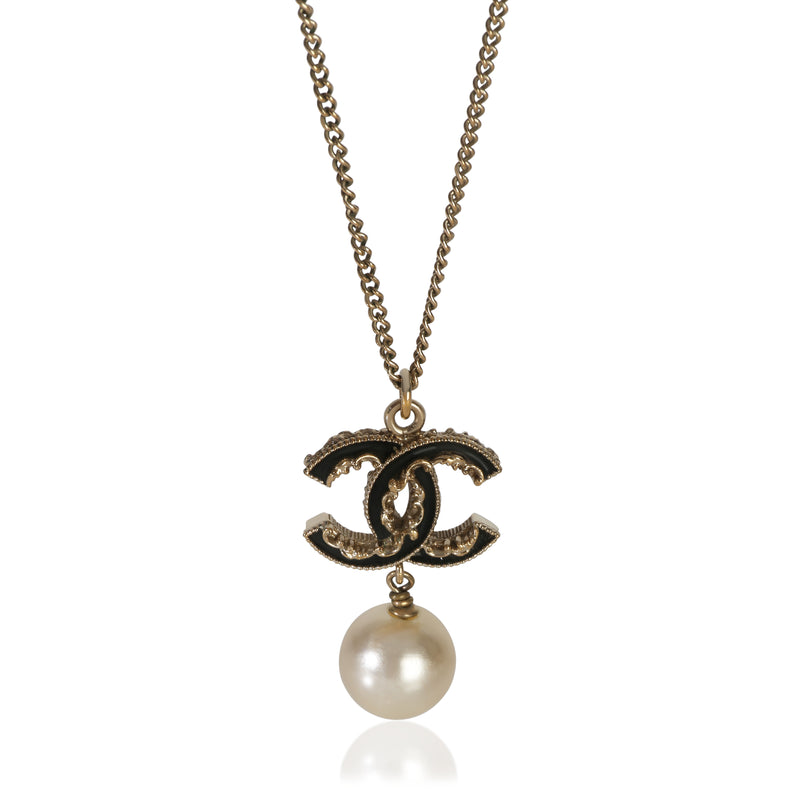 Chanel Gold Plated 2014 Black Enamel CC Pendant fv