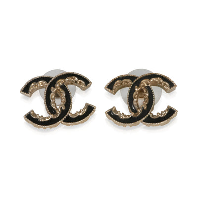 Chanel Gold Plated 2014 Black Enamel CC Earrings fv
