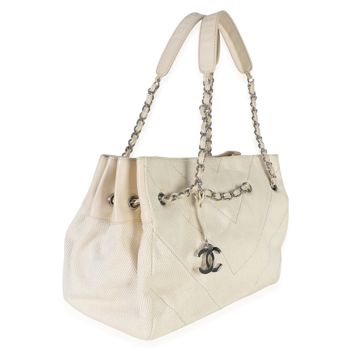 Chanel Beige Ecru Chevron Canvas CC Tote Handbag 3