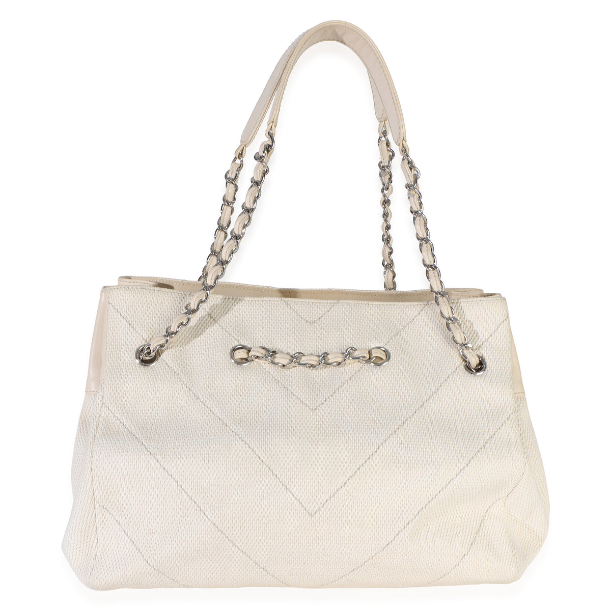Chanel Beige Ecru Chevron Canvas CC Tote Handbag 5