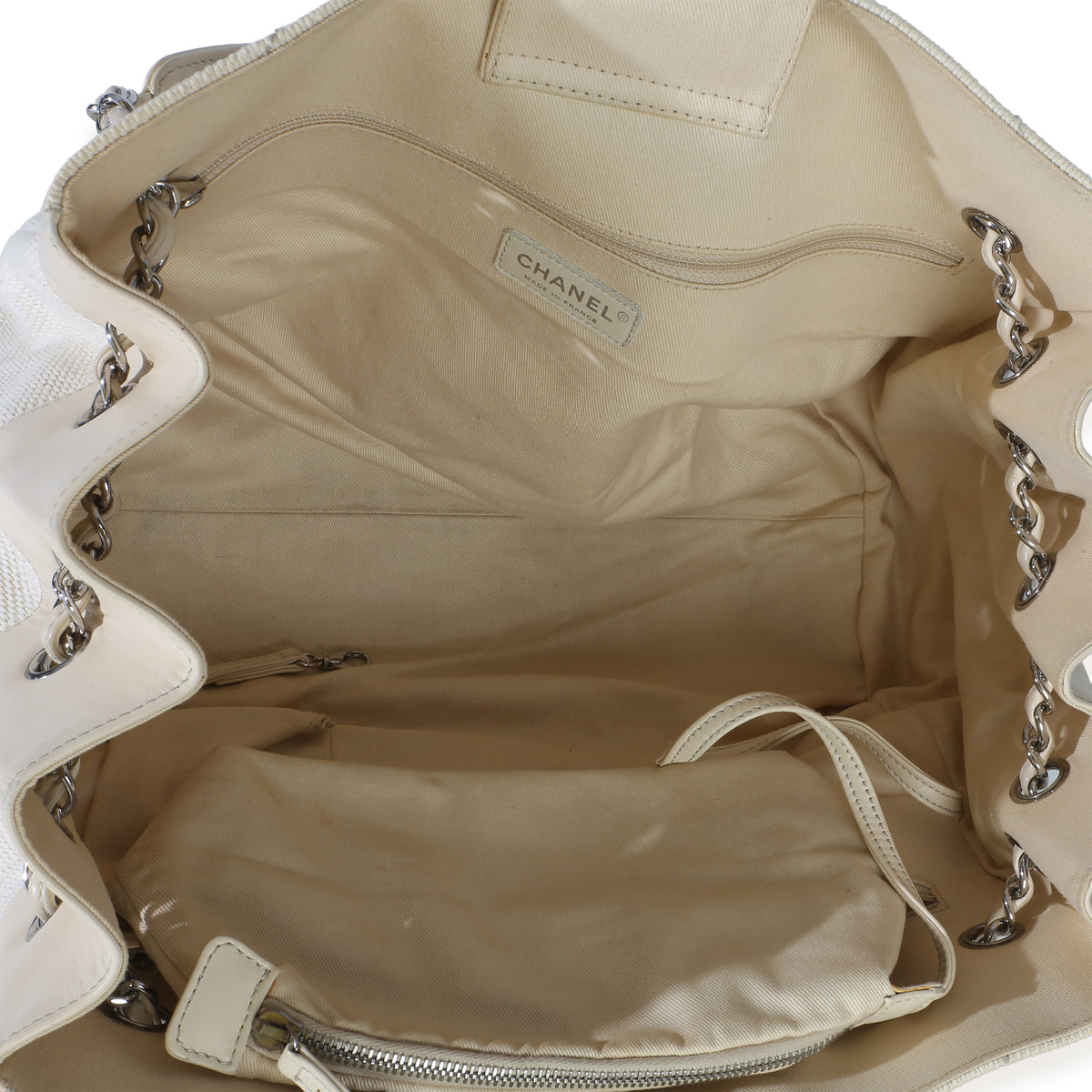 Chanel Beige Ecru Chevron Canvas CC Tote Handbag 9