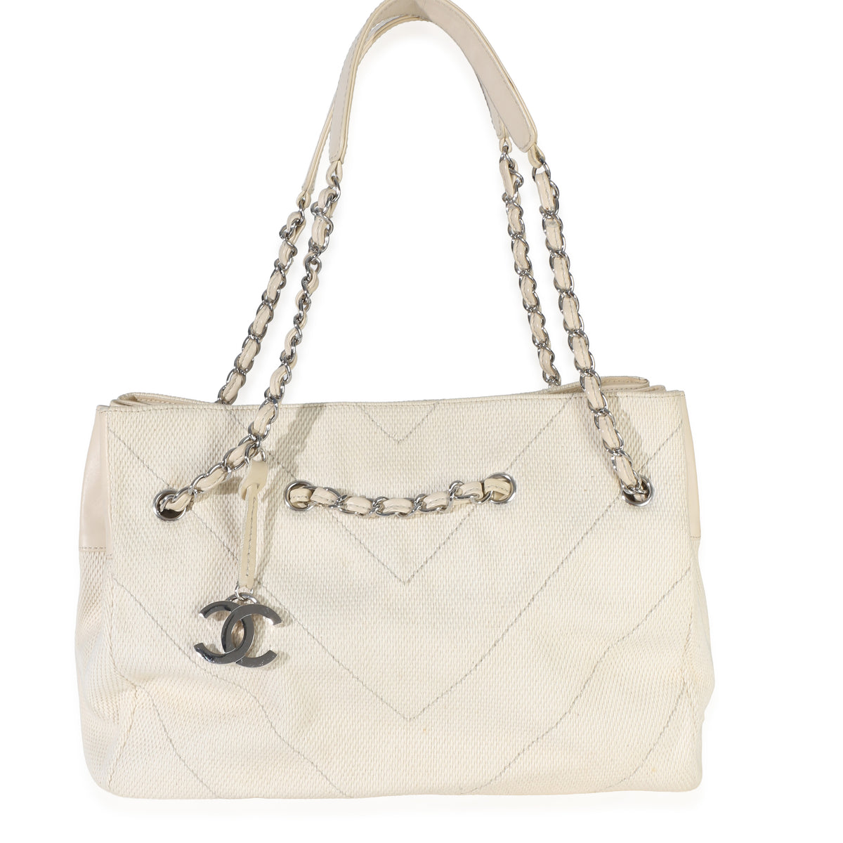 Chanel Beige Ecru Chevron Canvas CC Tote Handbag fv
