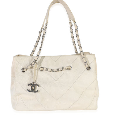 Chanel Beige Ecru Chevron Canvas CC Tote Handbag fv