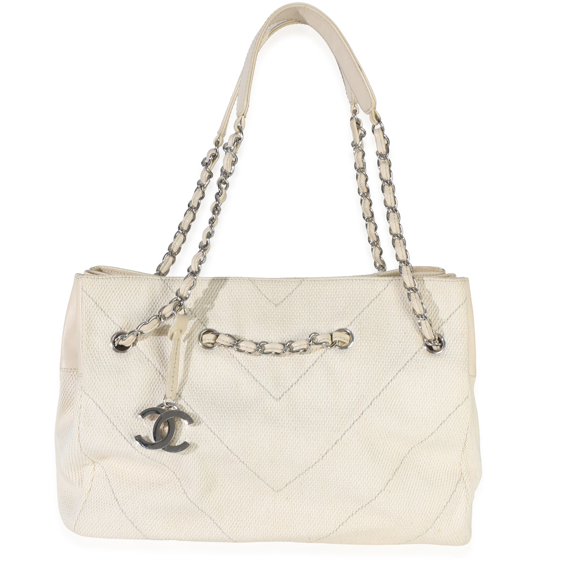 Chanel Beige Ecru Chevron Canvas CC Tote Handbag id