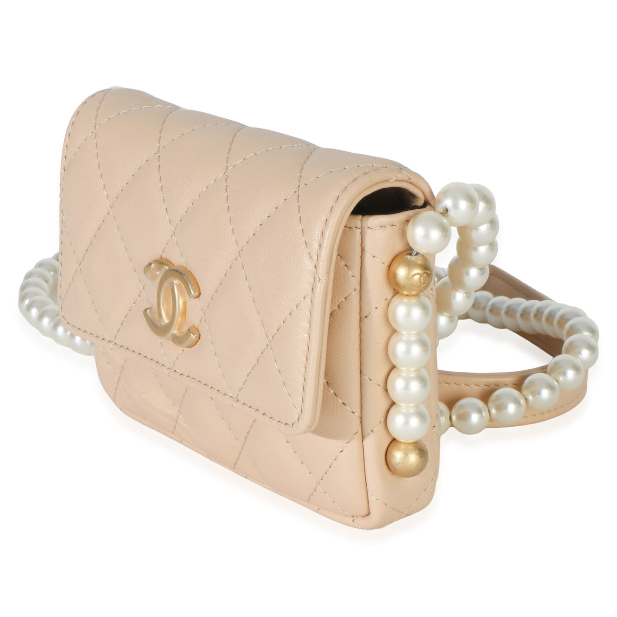Chanel Beige Quilted Calfskin About Pearls Card Holder With Chain Handbag 2