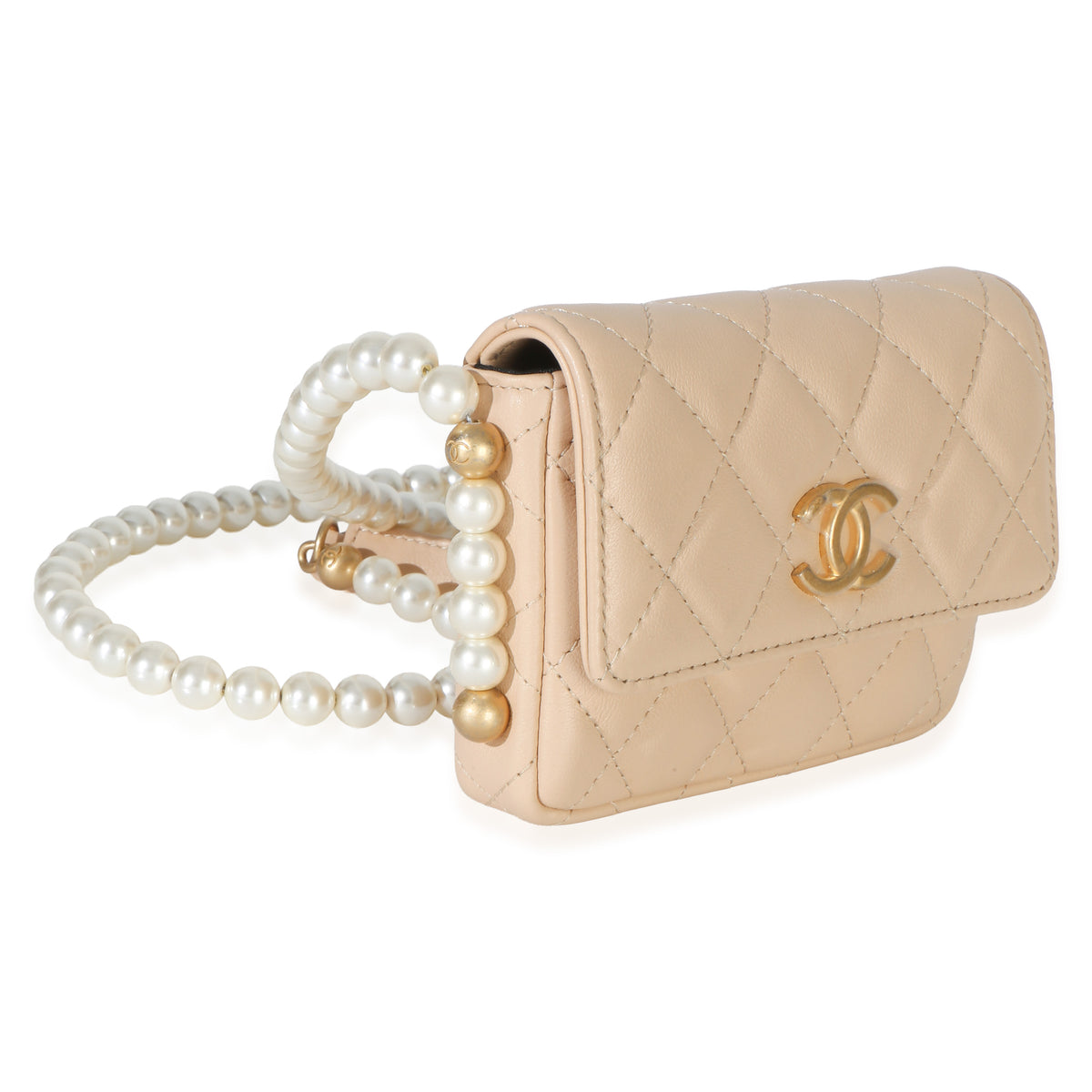 Chanel Beige Quilted Calfskin About Pearls Card Holder With Chain Handbag 3