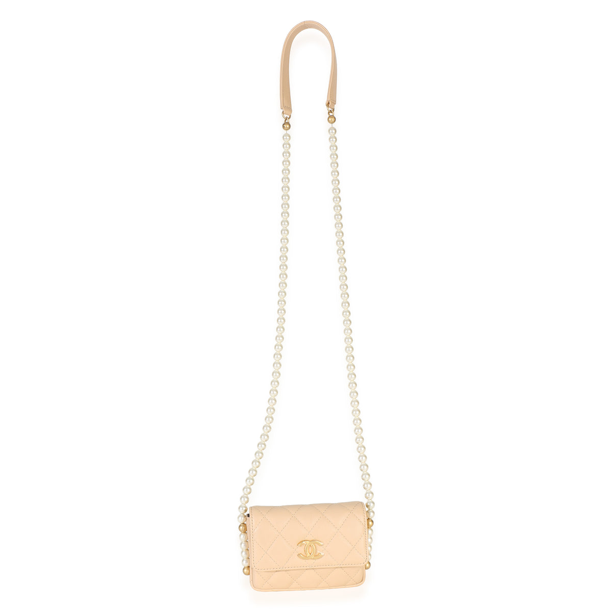 Chanel Beige Quilted Calfskin About Pearls Card Holder With Chain Handbag 8