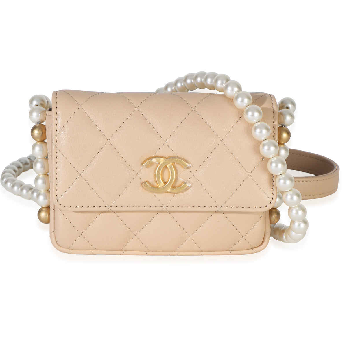 Chanel Beige Quilted Calfskin About Pearls Card Holder With Chain Handbag id