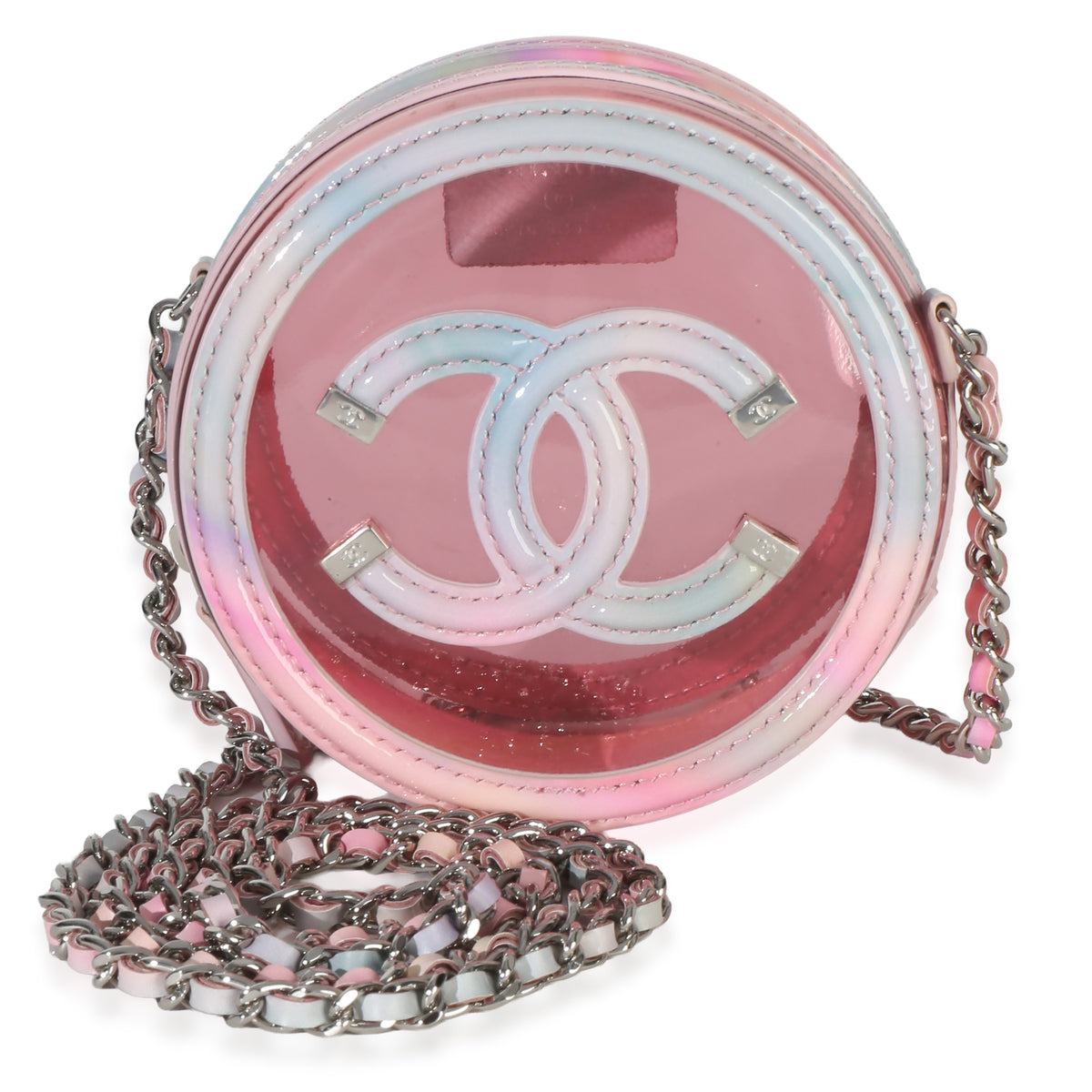 Chanel Pink Multicolor PVC Lambskin Filigree Round Clutch With Chain Handbag fv