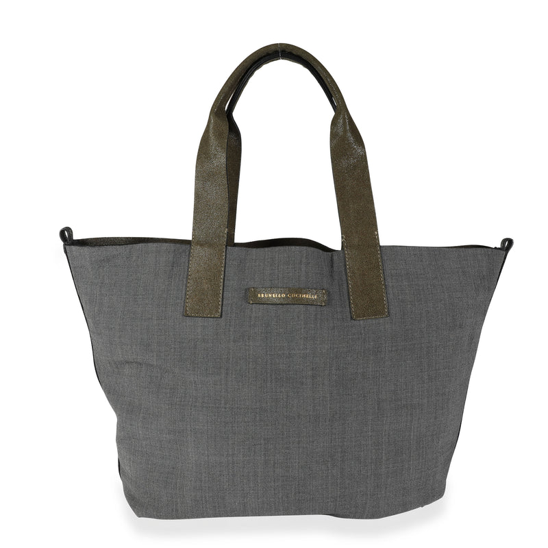 Brunello Cucinelli Olive Suede & Gray Wool Reversible Tote Handbag fv