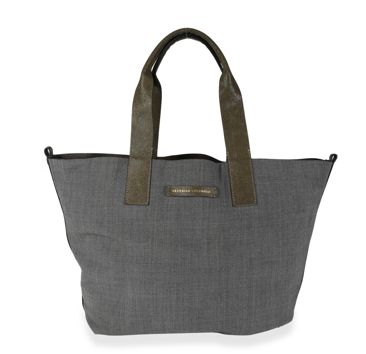 Brunello Cucinelli Olive Suede & Gray Wool Reversible Tote Handbag fv