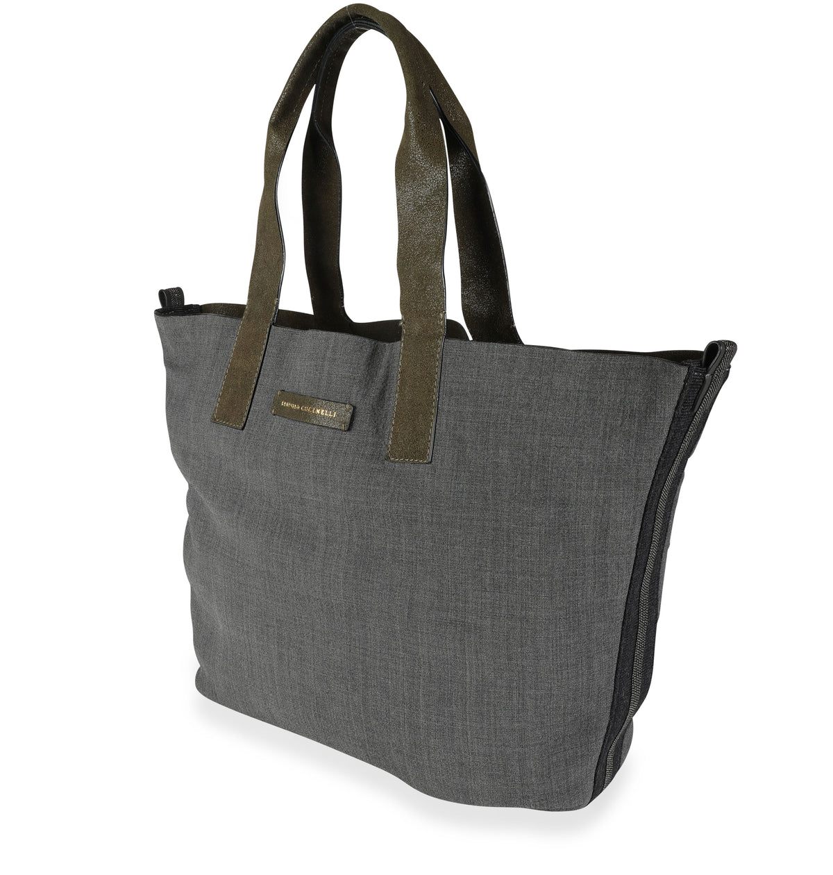 Brunello Cucinelli Olive Suede & Gray Wool Reversible Tote Handbag sv