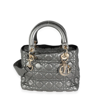 Christian Dior Metallic Silver Supple Cannage Leather Medium Lady Dior Tote Handbag fv