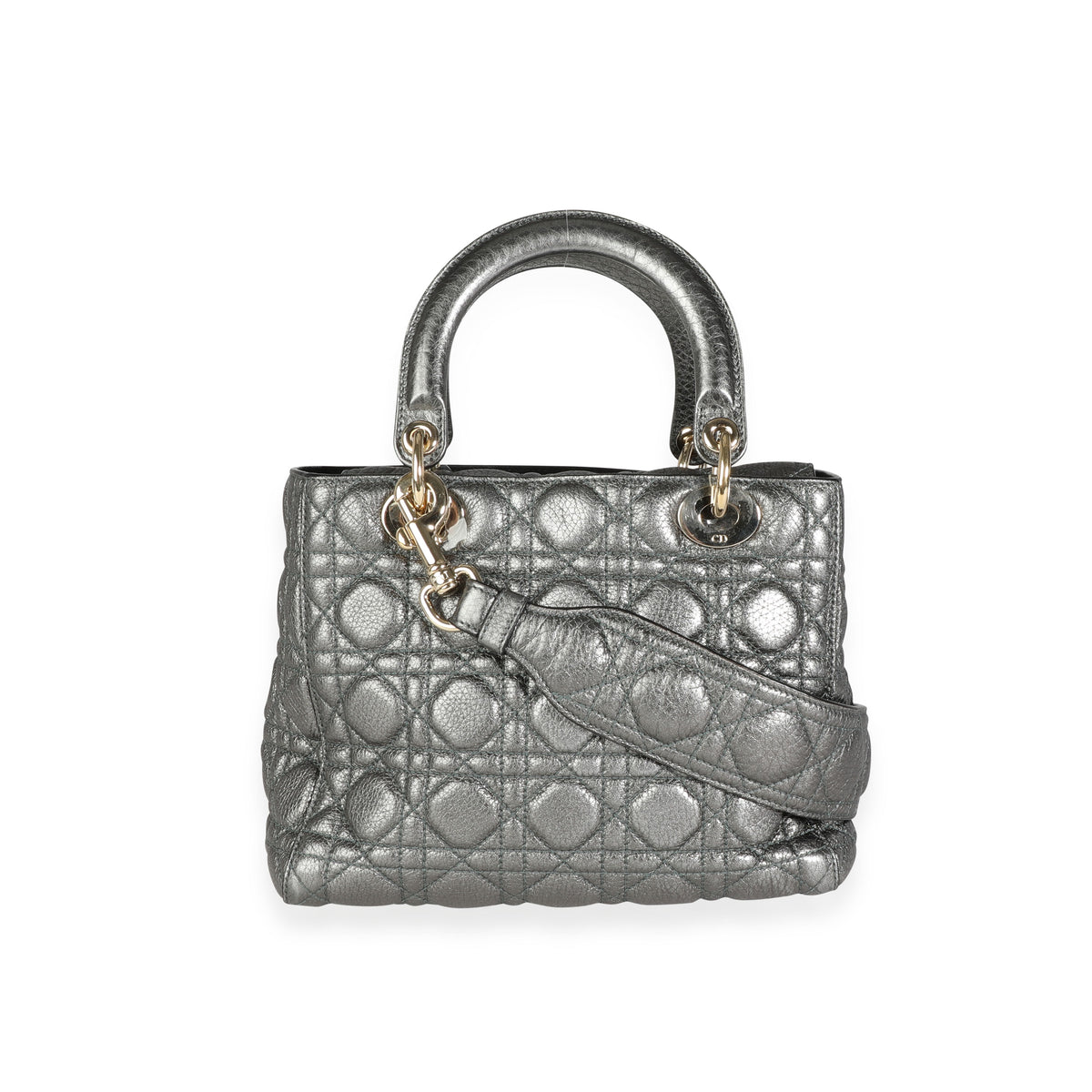 Christian Dior Metallic Silver Supple Cannage Leather Medium Lady Dior Tote Handbag pv