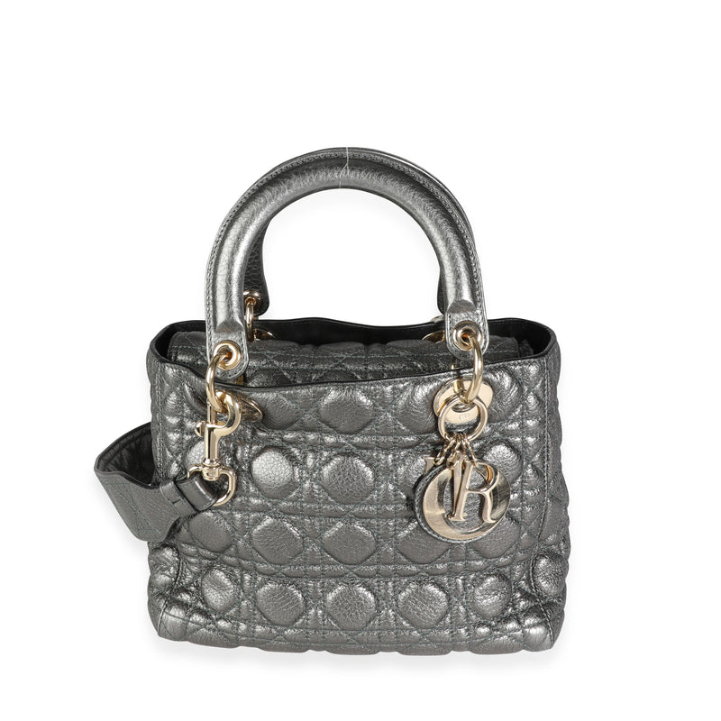 Christian Dior Metallic Silver Supple Cannage Leather Medium Lady Dior Tote Handbag