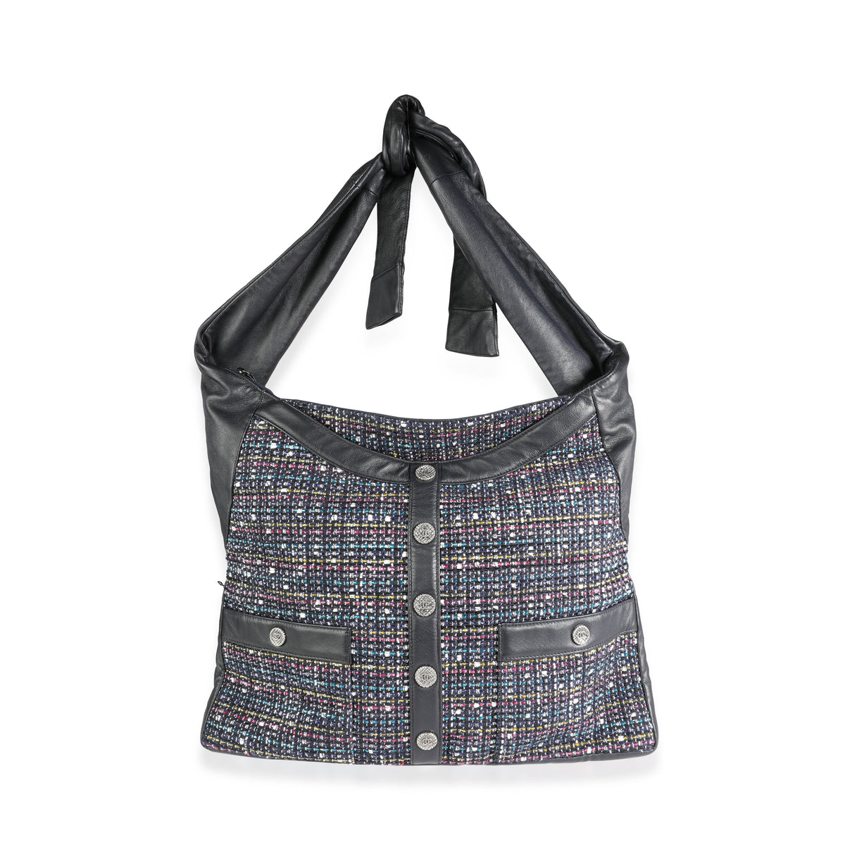 Chanel Navy Lambskin & Multicolor Tweed Girl Bag Handbag bv