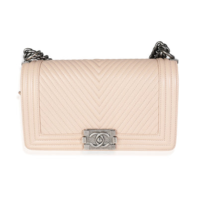 Chanel Light Beige Chevron Quilted Lambskin Medium Boy Bag Handbag fv