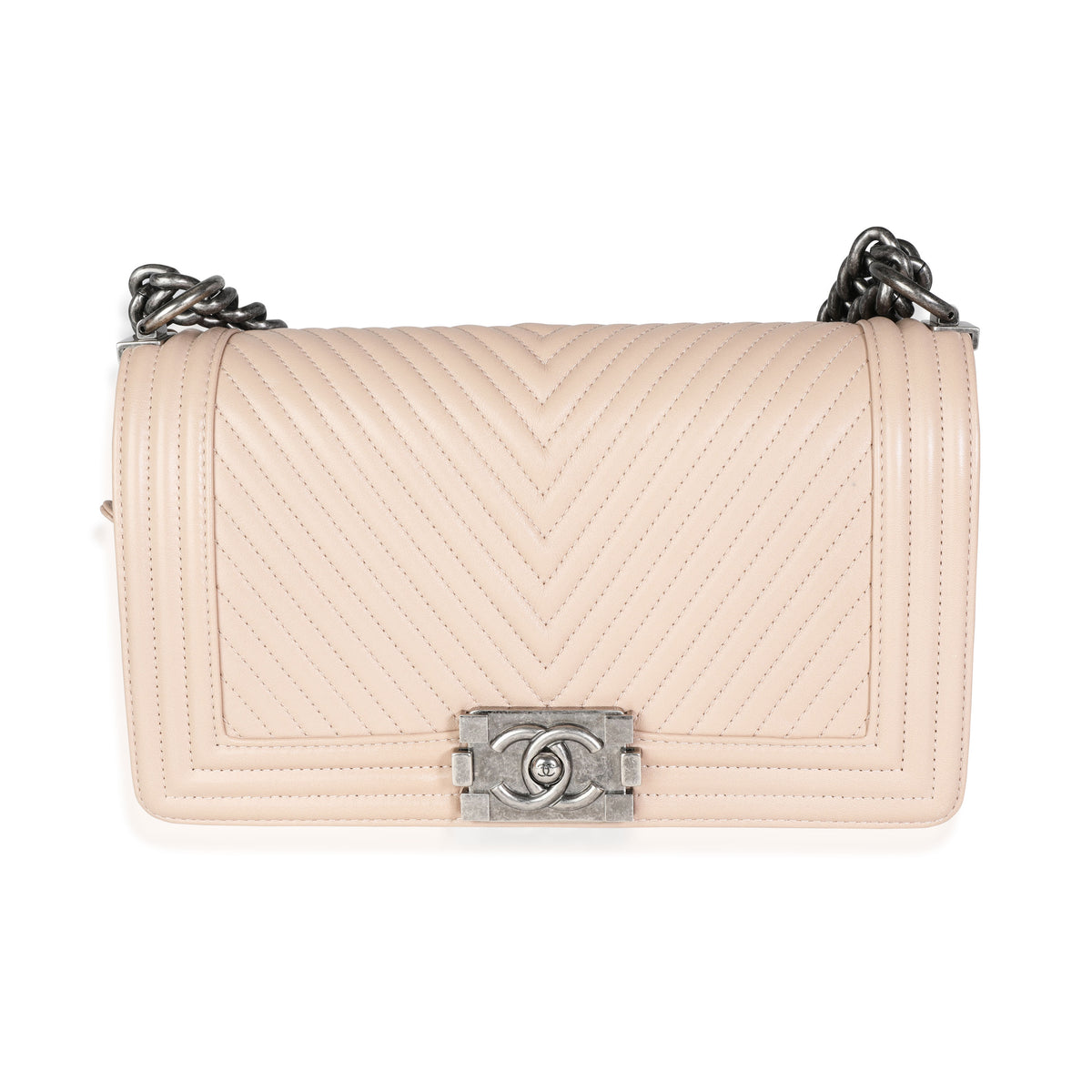 Chanel Light Beige Chevron Quilted Lambskin Medium Boy Bag Handbag fv