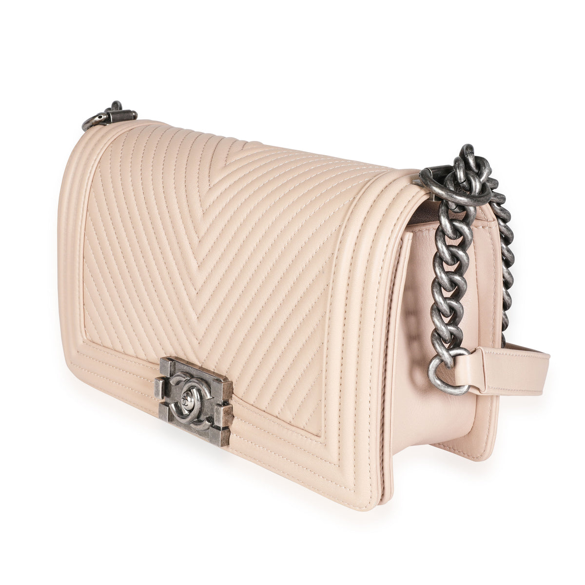 Chanel Light Beige Chevron Quilted Lambskin Medium Boy Bag Handbag sv