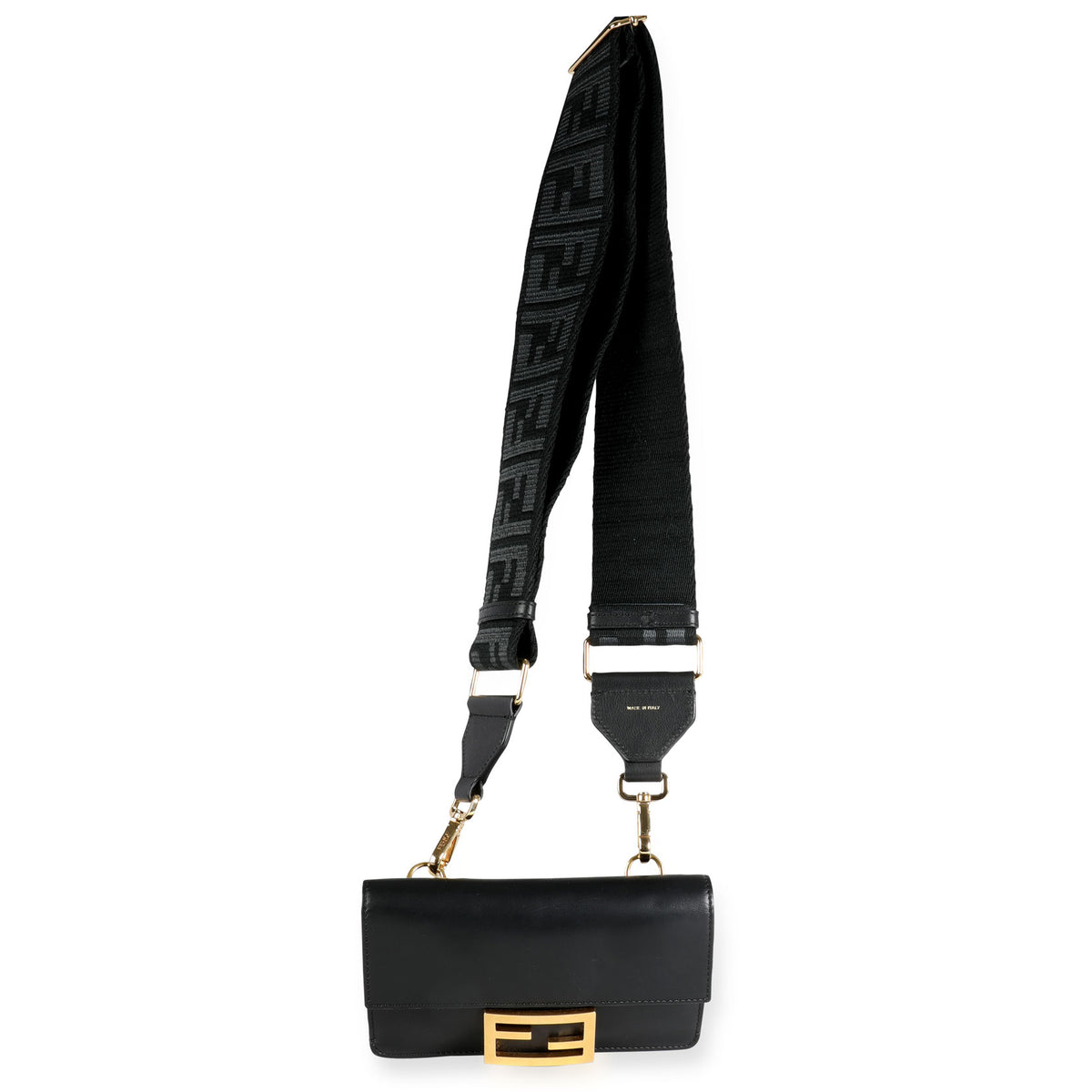 Fendi Black Calfskin Mini Flat Baguette with Strap Handbag bv