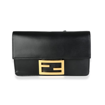 Fendi Black Calfskin Mini Flat Baguette with Strap Handbag fv