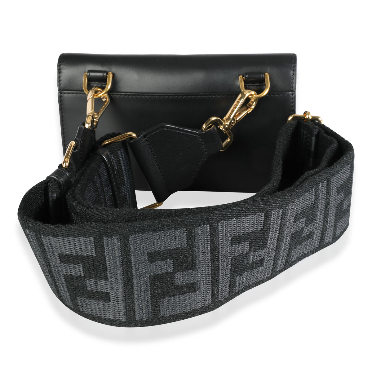 Fendi Black Calfskin Mini Flat Baguette with Strap Handbag pv