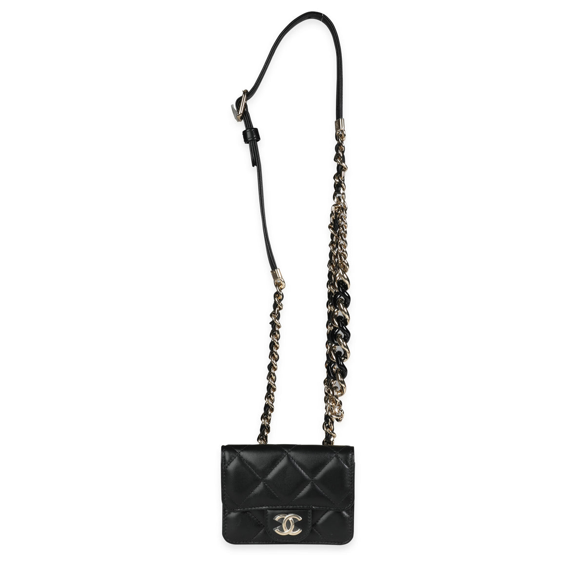 Chanel Black Quilted Lambskin Elegant Chain Mini  Belt Bag Handbag pv
