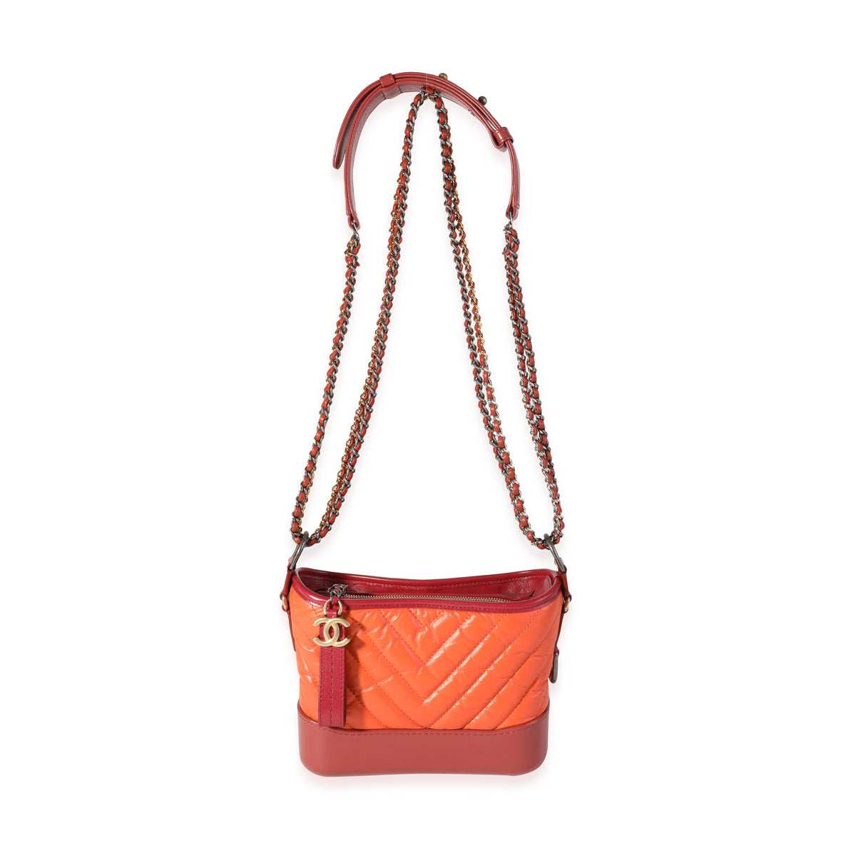 Chanel Orange & Red Aged Calfskin Chevron Quilted Small Gabrielle Hobo Handbag bv