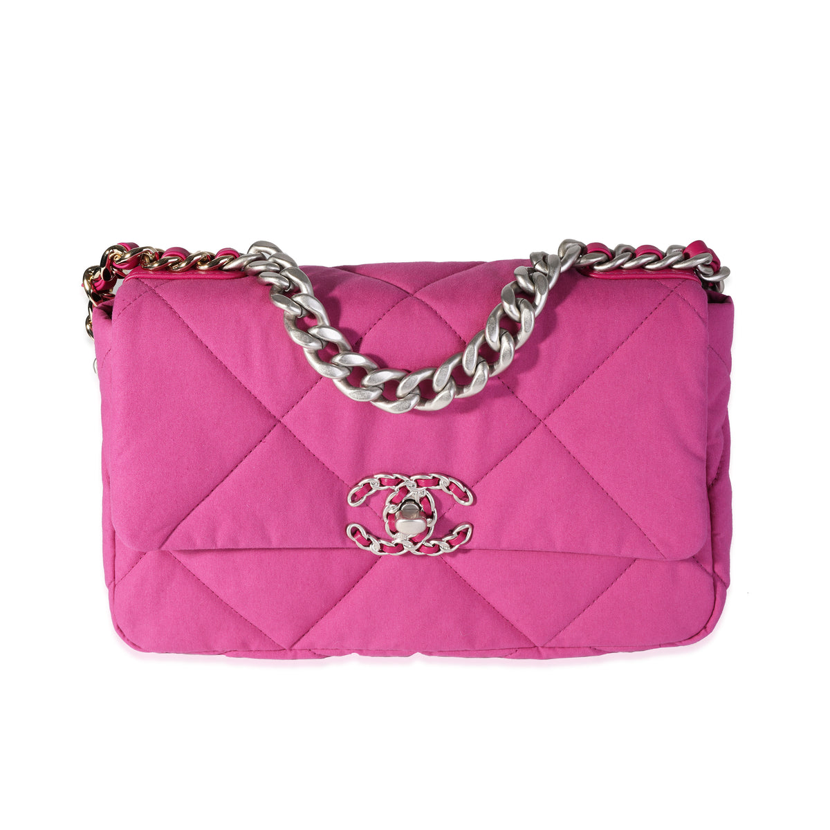 Chanel Fuchsia Quilted Cotton Medium  19 Flap Bag Handbag fv