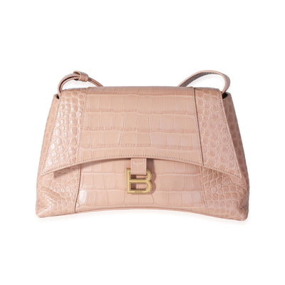 Balenciaga Beige Croc Embossed Hourglass Downtown Shoulder Bag Handbag fv
